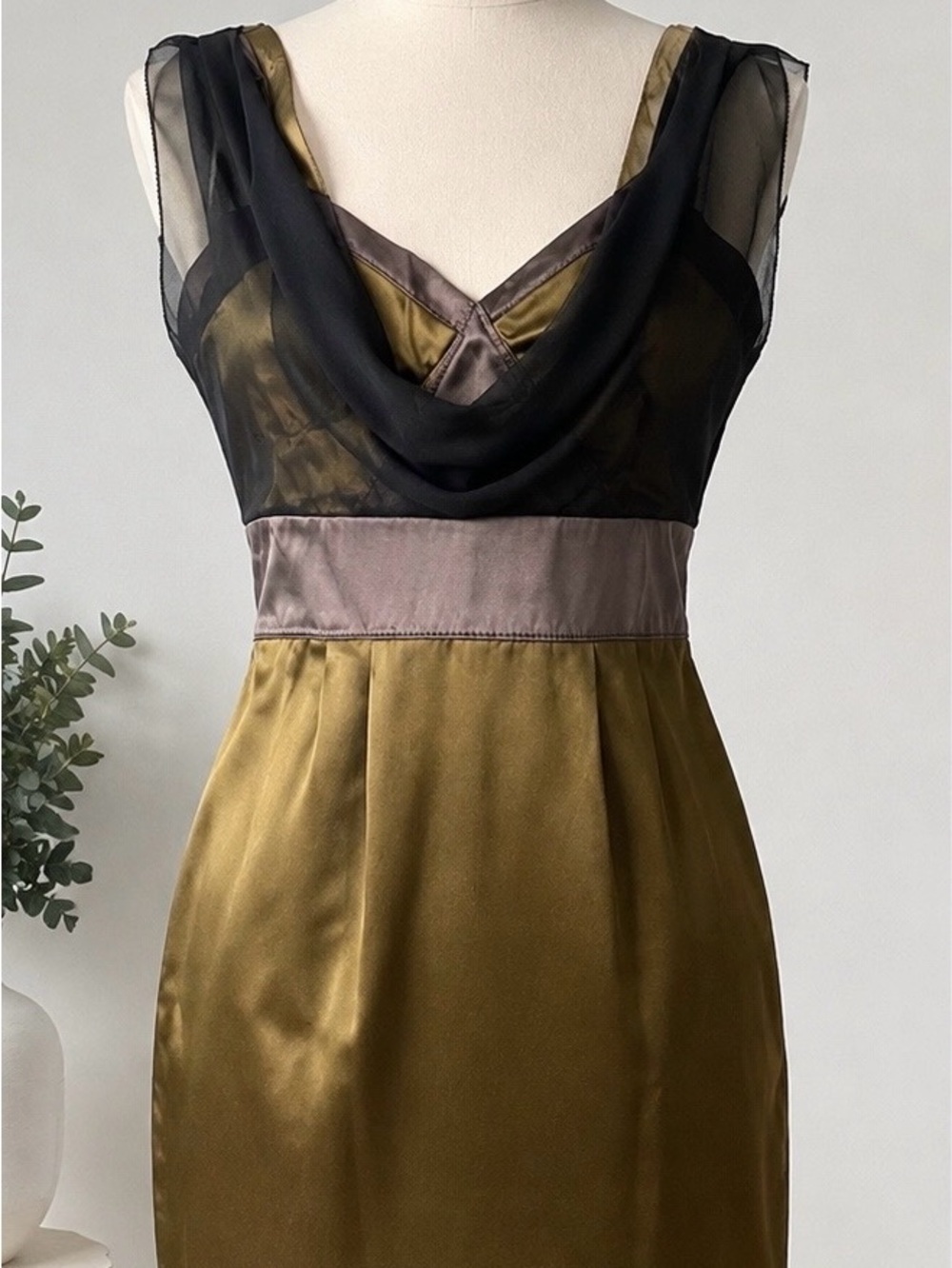 Kookai Olive Satin Midi Dress with Black Sheer Yoke
